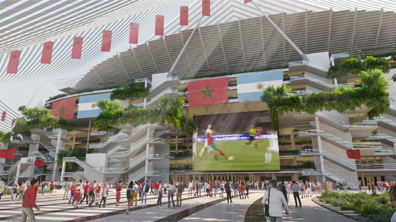 Bajo el techo del Gran Estadio Hassan II, inspirados en las carpas del festival del mussem, habrá enormes espacios verdes.