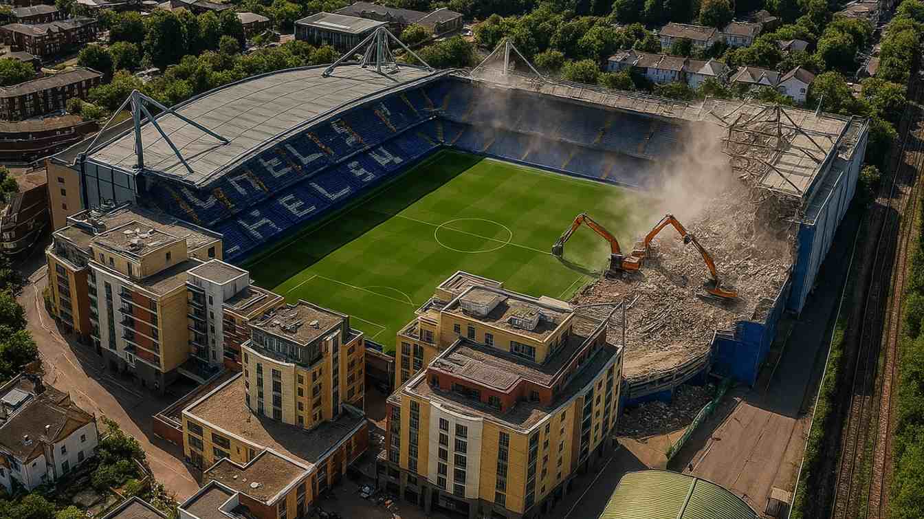 Visualización de la demolición de Stamford Bridge.